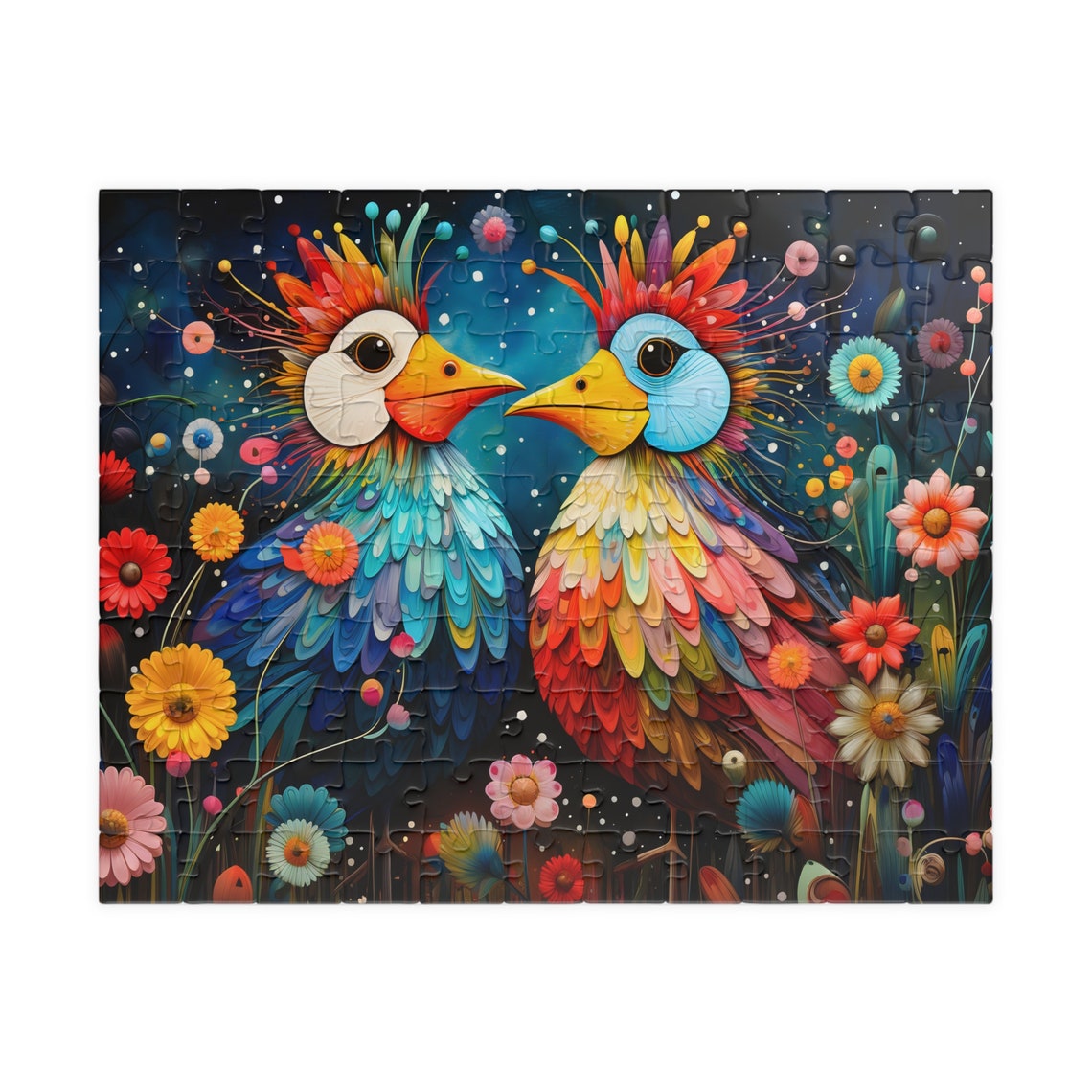 Two Whimsical Birds in a Night Bloom Flower Garden Scene Poster - Image 2