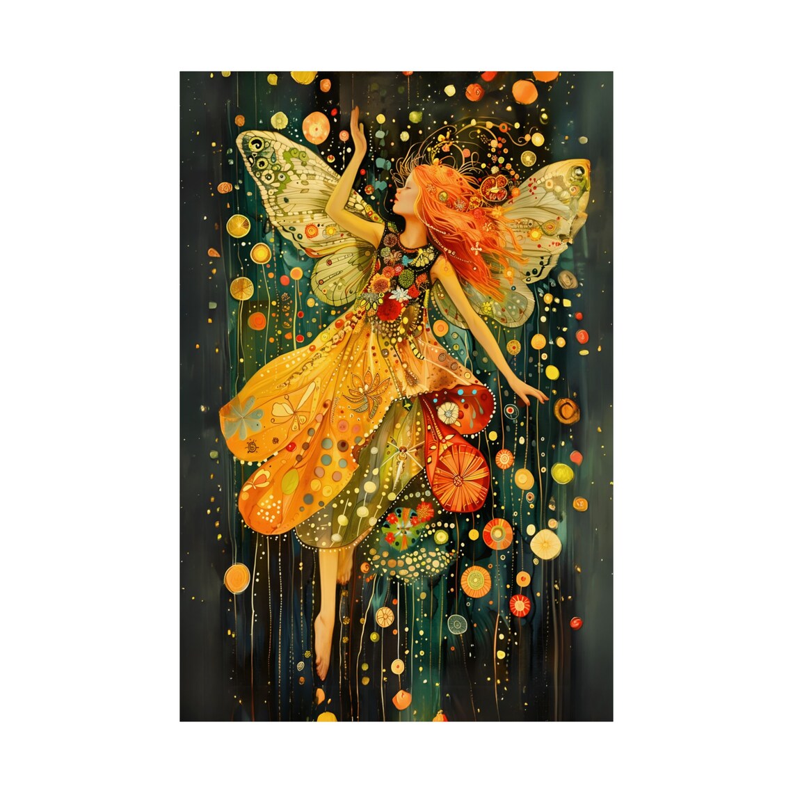 Dancing Red Haired Fairy Golden Wings Dark Forest Art Poster - Image 3