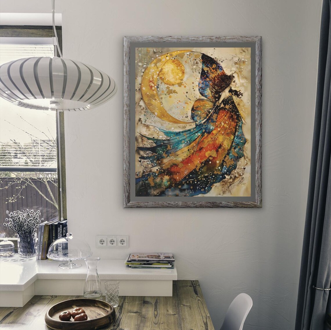 Moon Fairy Watercolor Butterfly Woman Golden Crescent Moon Poster - Image 2