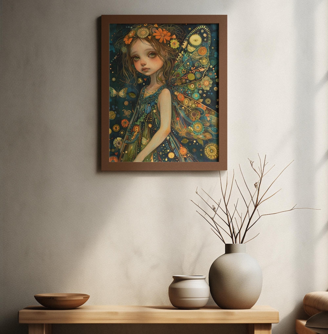 Little Fairy with Flower Crown and Butterfly Wings Watercolor Poster - Image 2