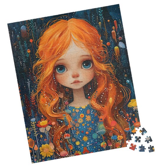 Girl With Orange Hair And Big Blue Eyes Jigsaw Puzzle Whimsical Folk Art Portrait Fun Tech Free Family Activity Birthday Or Get Well Gift