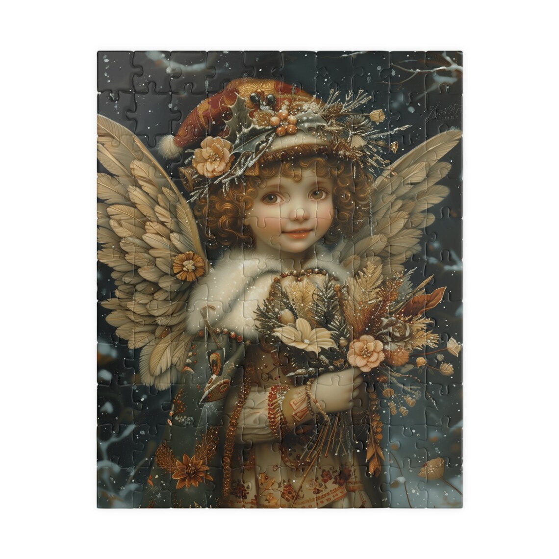 Vintage Winter Angel Girl with Feathered Wings and Flower Bouquet Poster - Image 4