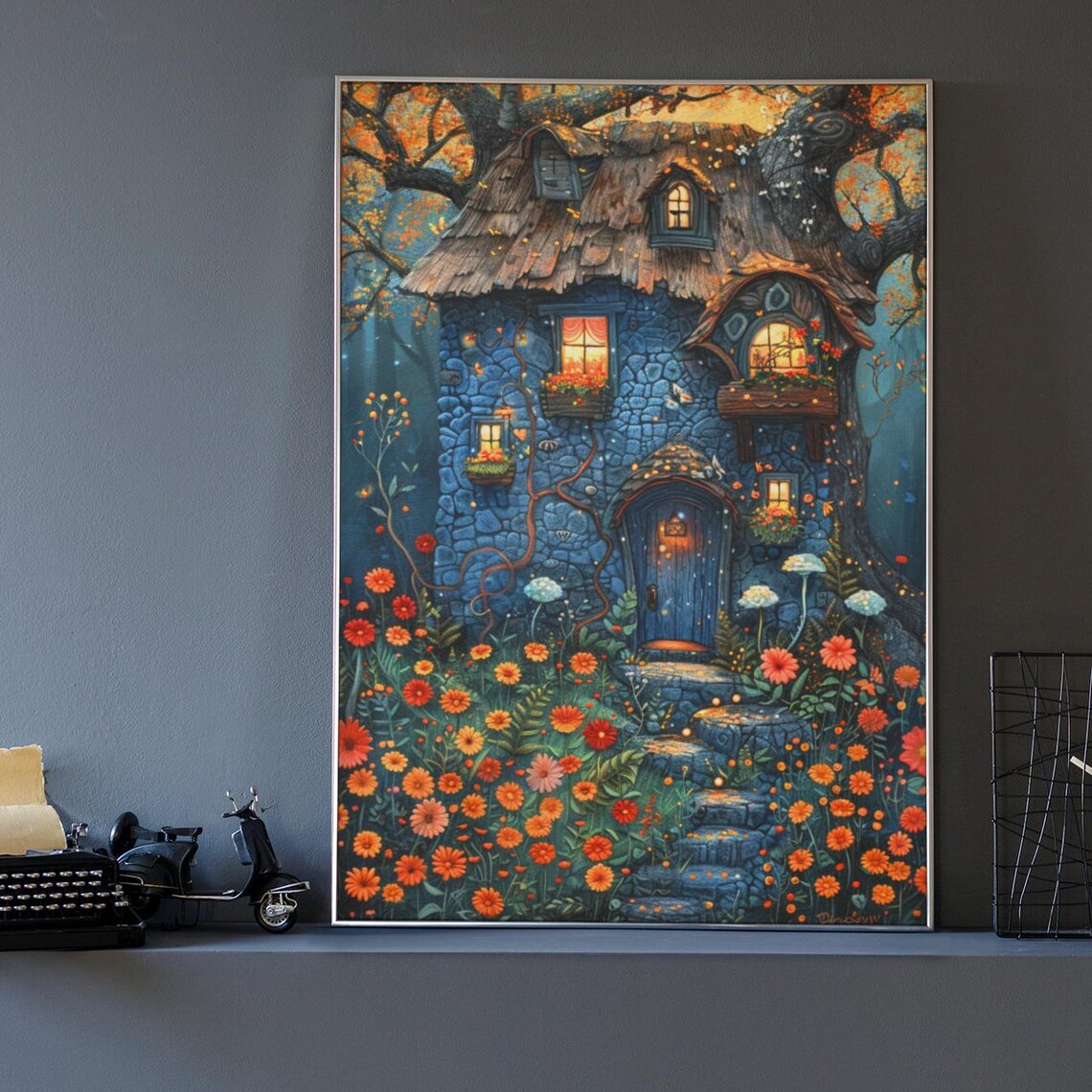 Enchanted Blue Fairy Cottage Flower Garden Fantasy Decor Poster - Image 2