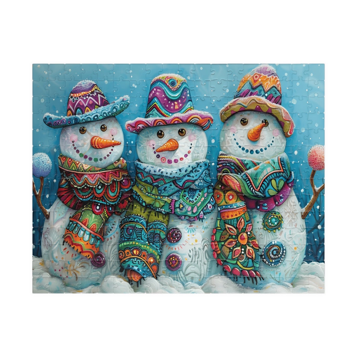 Three Colorful Snowmen Wearing Patterned Party Hats in the Snow Poster - Image 4