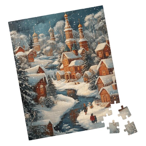 Russian Winter Village With Onion Dome Churches Night Art Poster