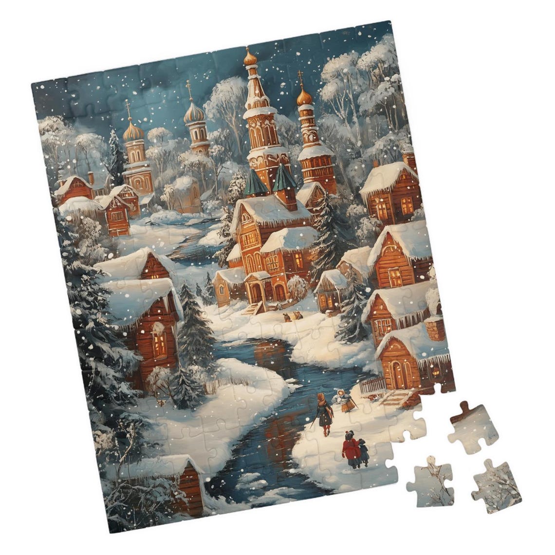 Russian Winter Village With Onion Dome Churches Night Art Poster