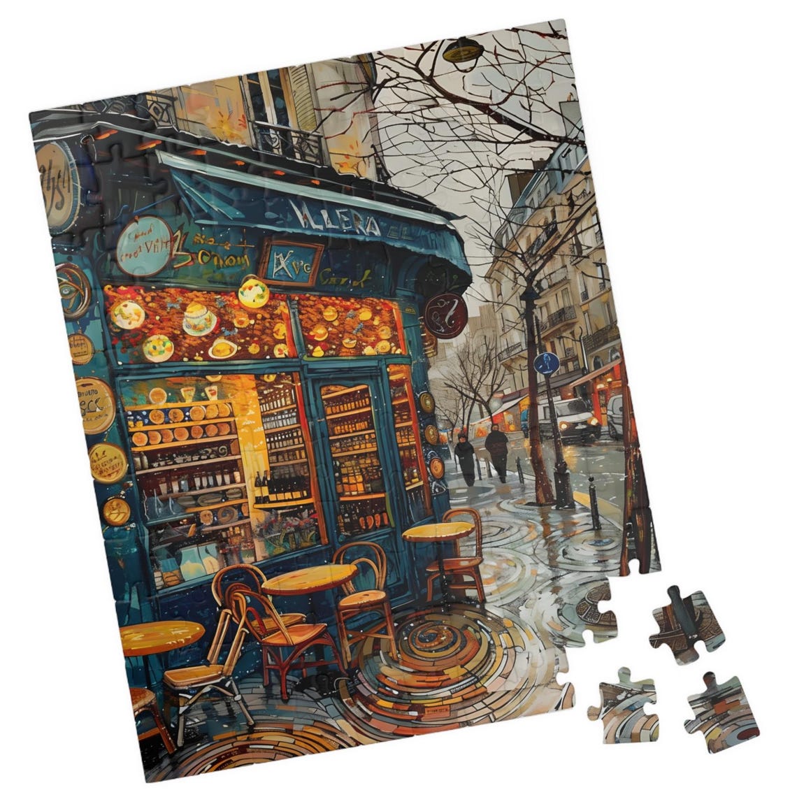 Rainy Paris Street Cafe Bistro Corner Cobblestone Art Poster