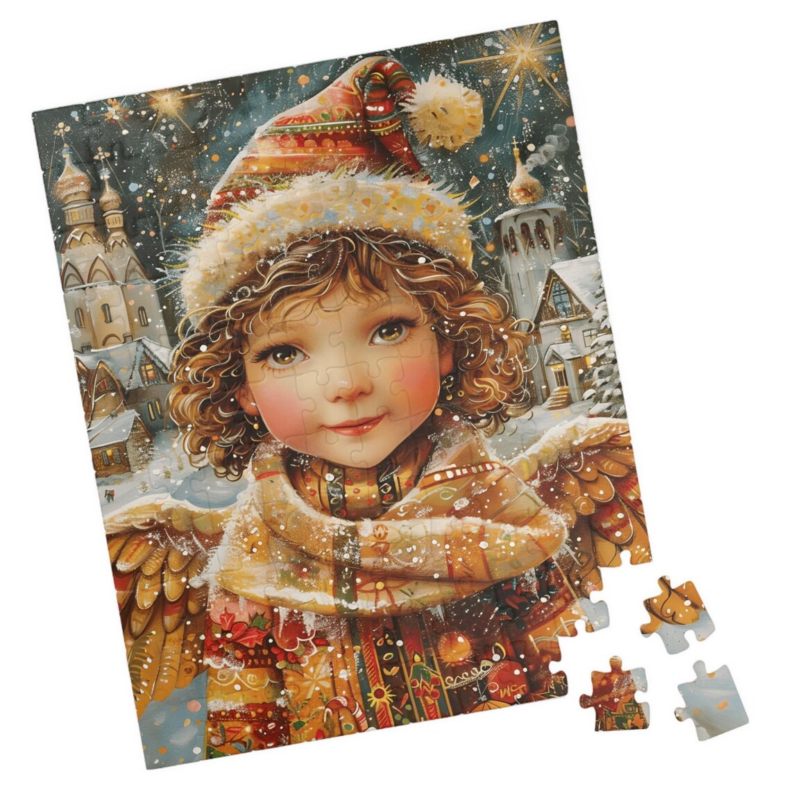 Winter Angel Child Curly Hair Knit Hat Golden Wings Snow Poster