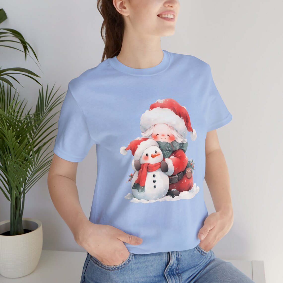 Cute Santa Girl Hugging Snowman Cozy Watercolor Christmas Art Poster - Image 3