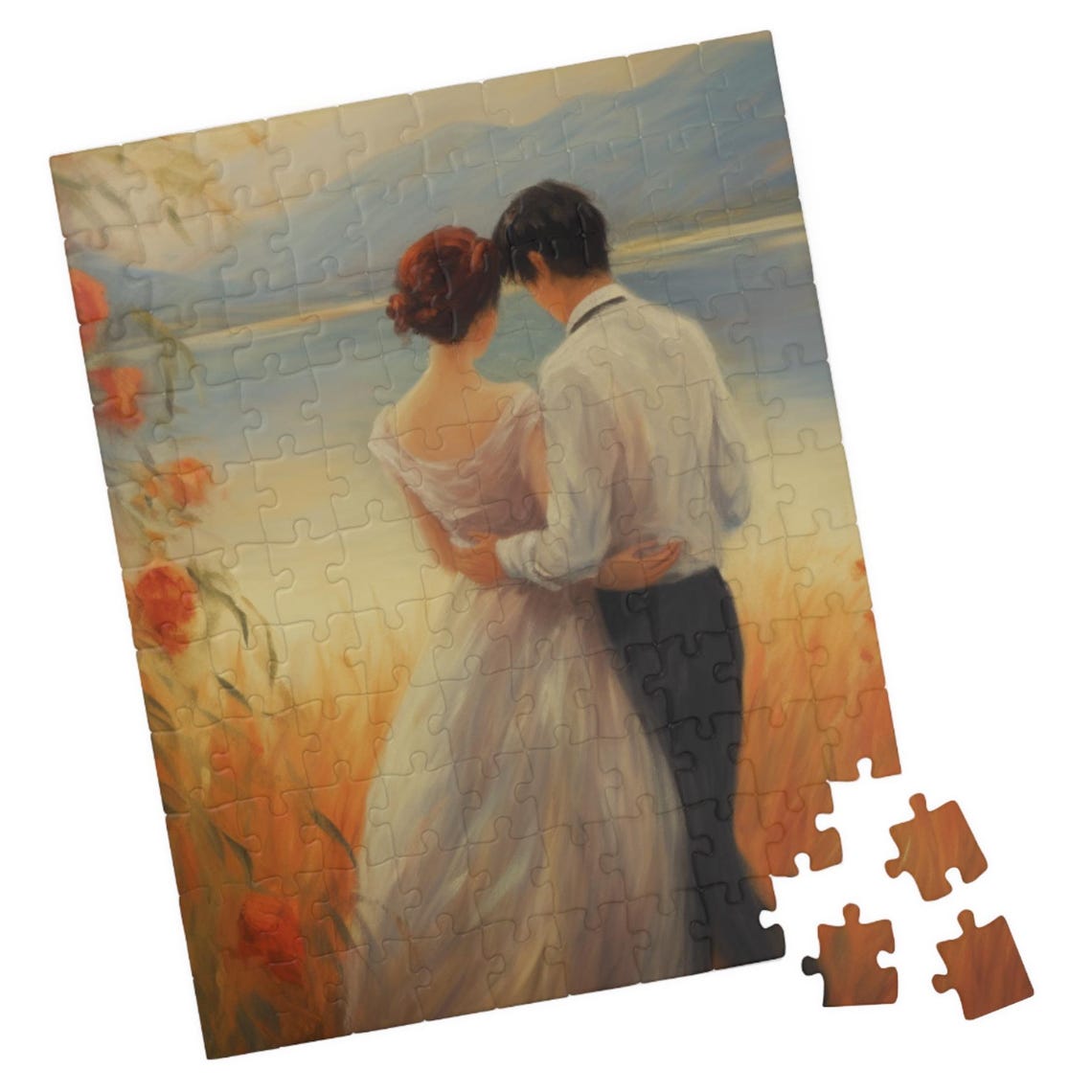 Romantic Couple Embracing By A Golden Sunset Lake Art Poster