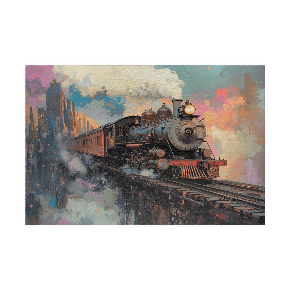 Steam Locomotive 361 Steaming Out Of A Colorful City Art Poster - Image 3