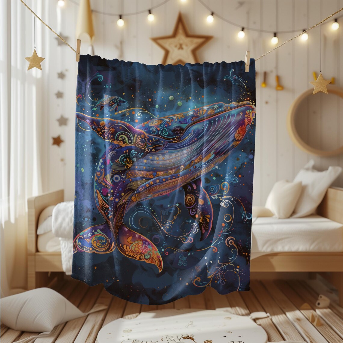 Ornate Mandala Whale Swimming in a Deep Midnight Blue Sea Poster