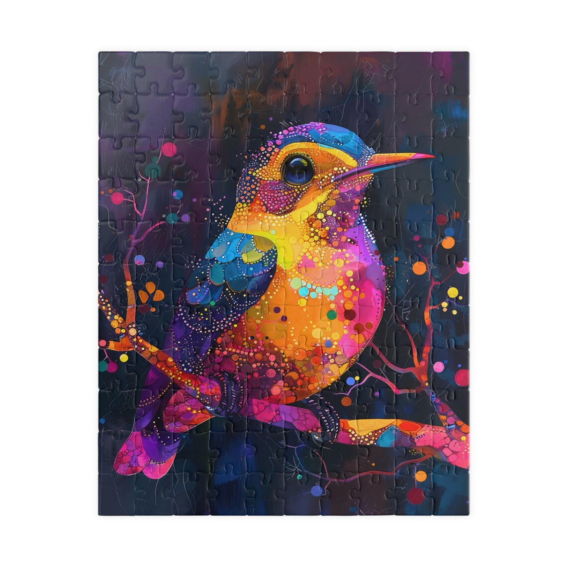 Vibrant Mosaic Colorful Bird Perched On Branch At Night Art Poster - Image 2