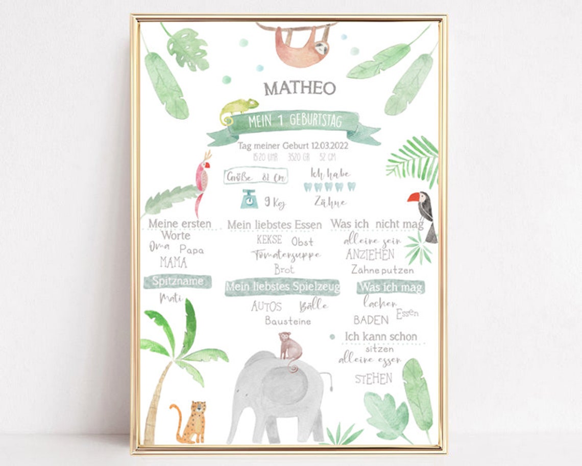 Birth Announcement 1 2 3 Birthday Gift Milestone Board Birth Picture Jungle Birth Gift Personalized