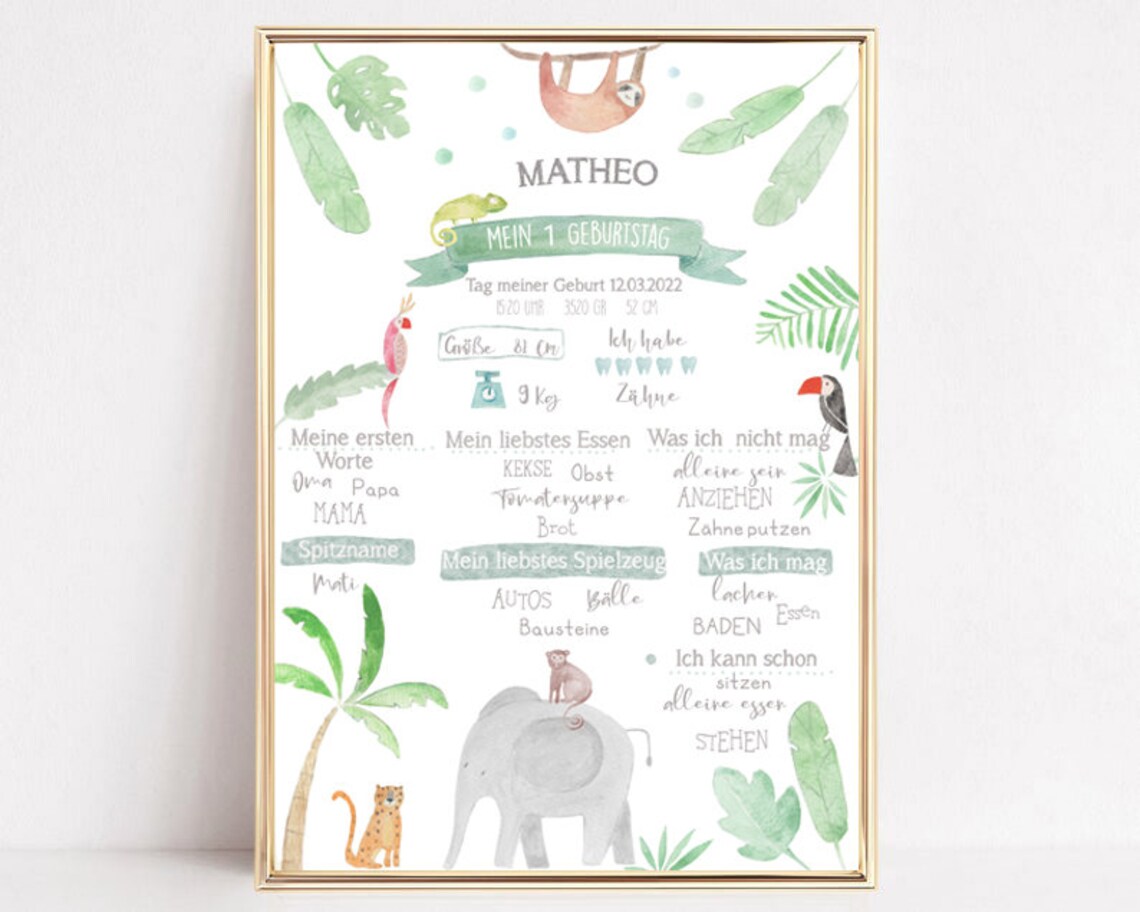 Matheo First Birthday Milestone Jungle Animal German Print Gift