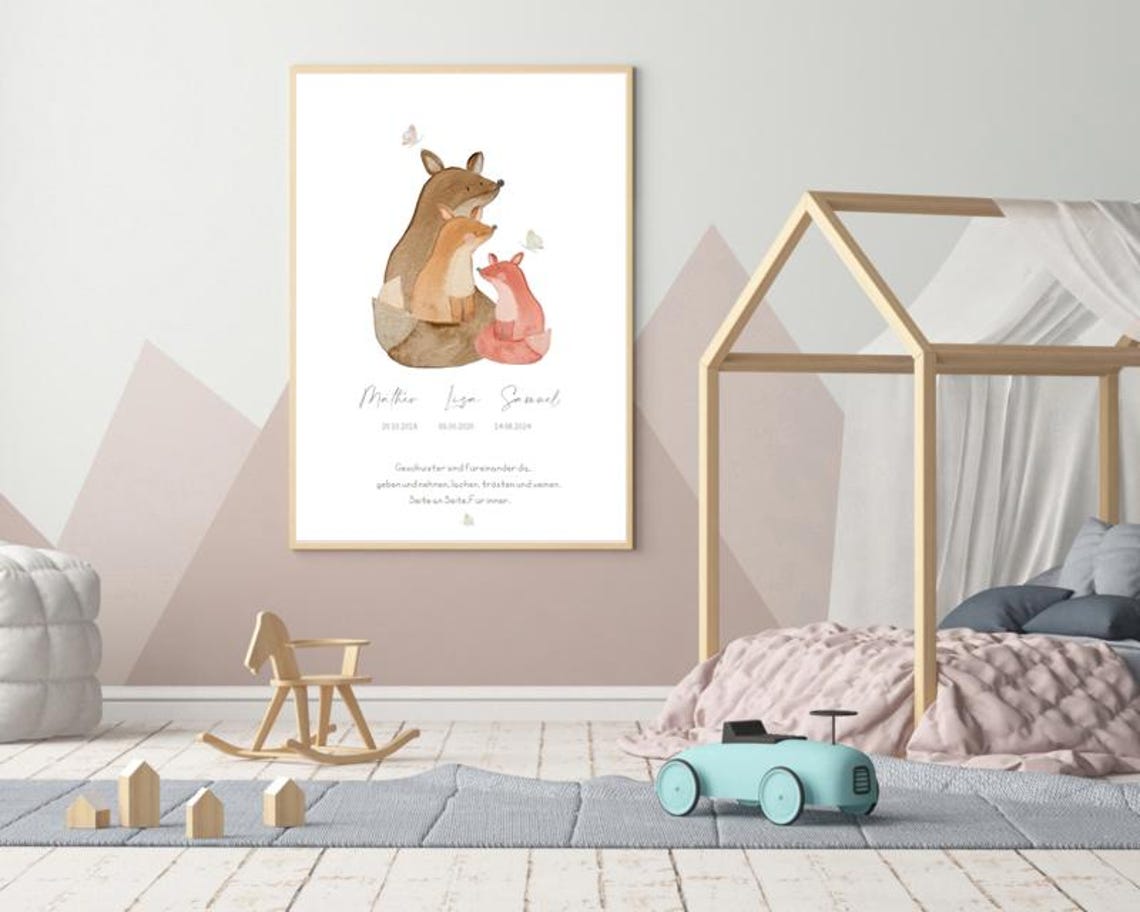 Three Foxes Sibling Quote Personalized Names Dates Watercolor Poster - Image 2