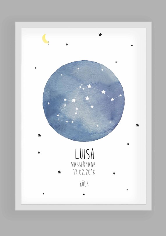 Personalized Aquarius Constellation Birth Keepsake Moon Star Nursery Poster