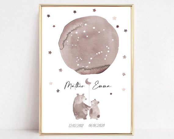 Matheo Emma Personalized Starry Moon Bear Nursery Gift Poster