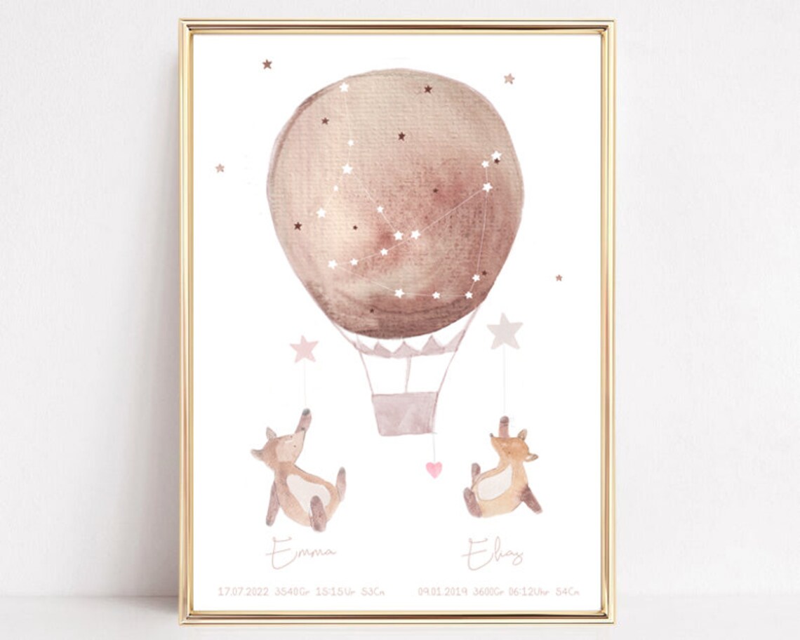 Emma Elias Personalized Twin Birth Details Hot Air Balloon Print