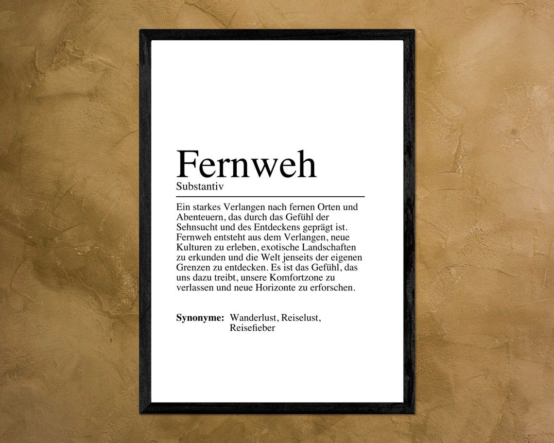 Fernweh German Wanderlust Definition Dictionary Style Wall Poster
