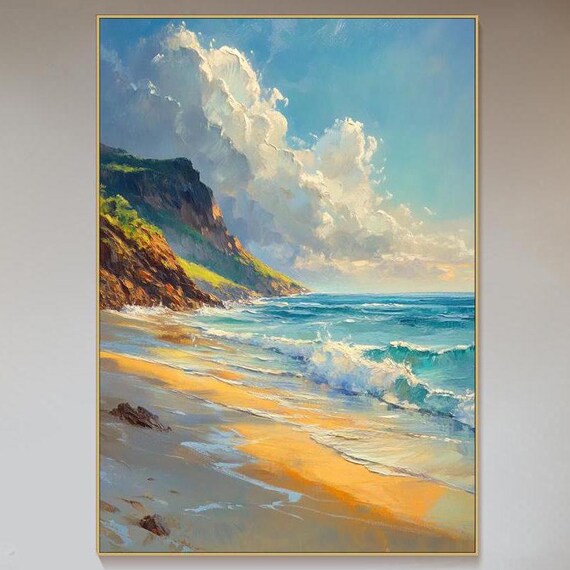 Turquoise Waves Golden Beach Oil Painting Rocky Cliffs Cloudy Sky Coastal Art Poster