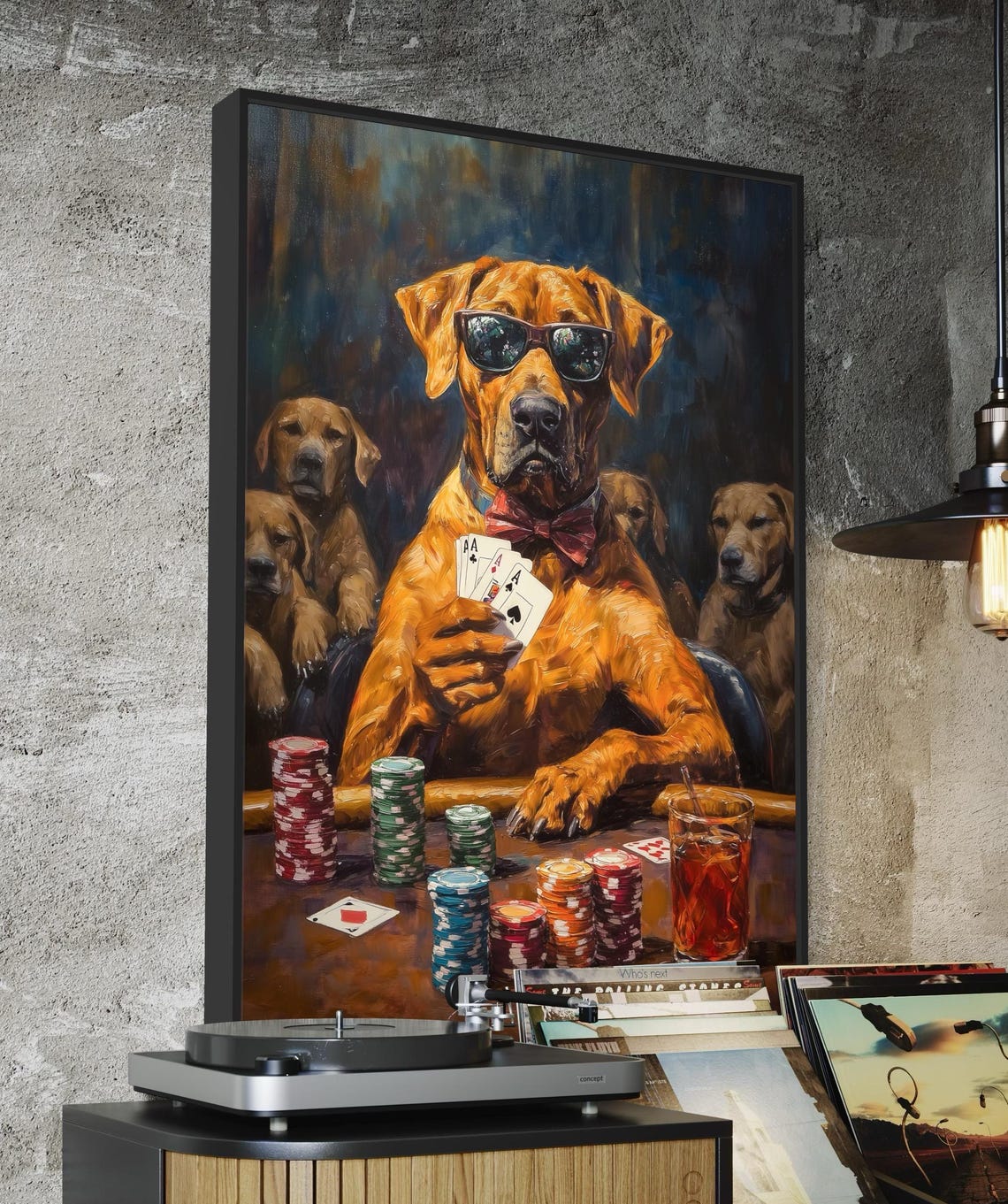 Cool Rhodesian Ridgeback Poker Player Holding Aces and Chips Poster