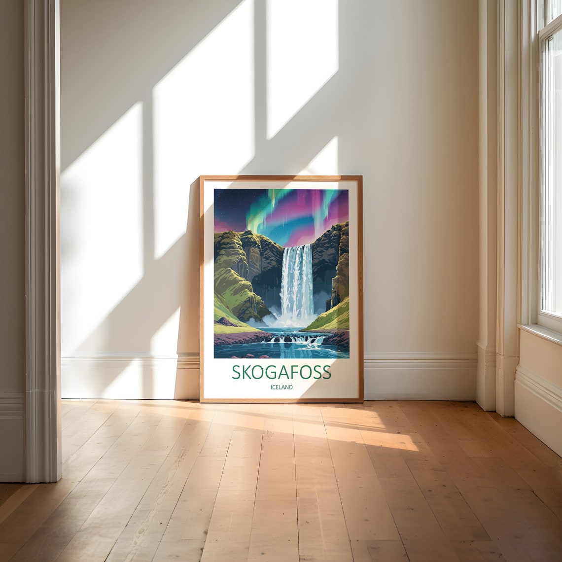 Skogafoss Iceland Waterfall Under Northern Lights Night Poster - Image 6