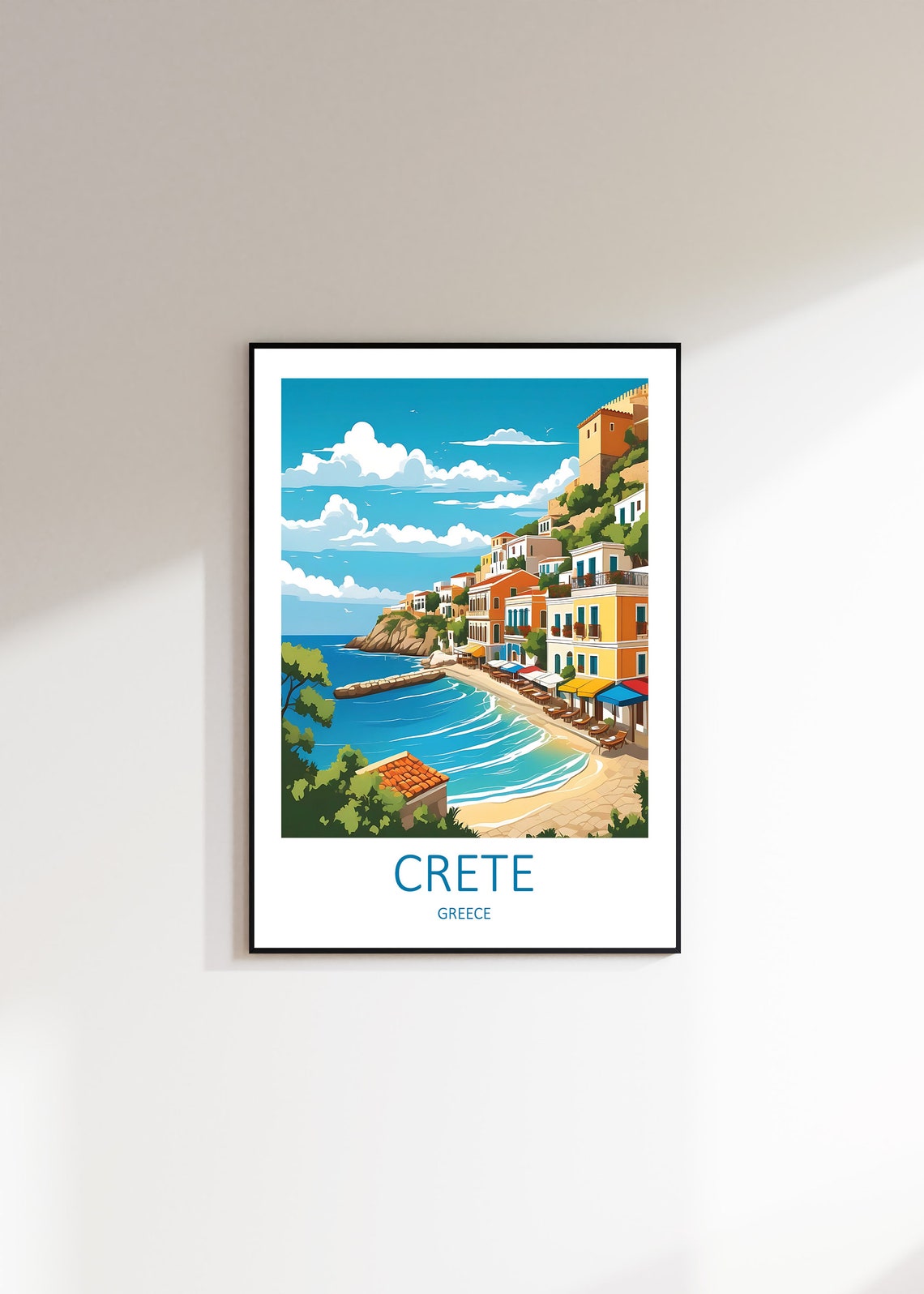 Crete Greece Charming Coastal Harbor Town With Sun Loungers Poster - Image 3
