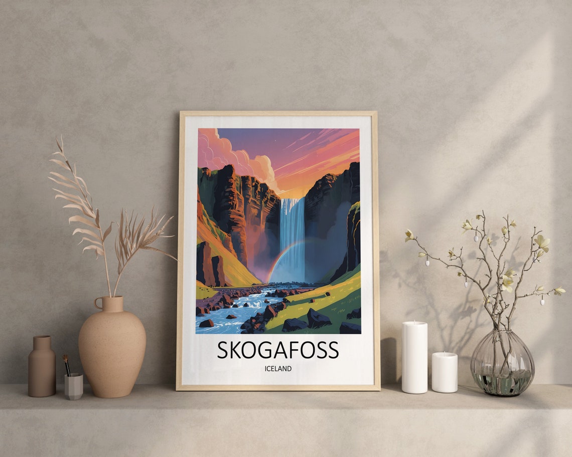 Skogafoss Iceland Waterfall Rainbow Canyon Sunset Scenic Travel Poster - Image 2