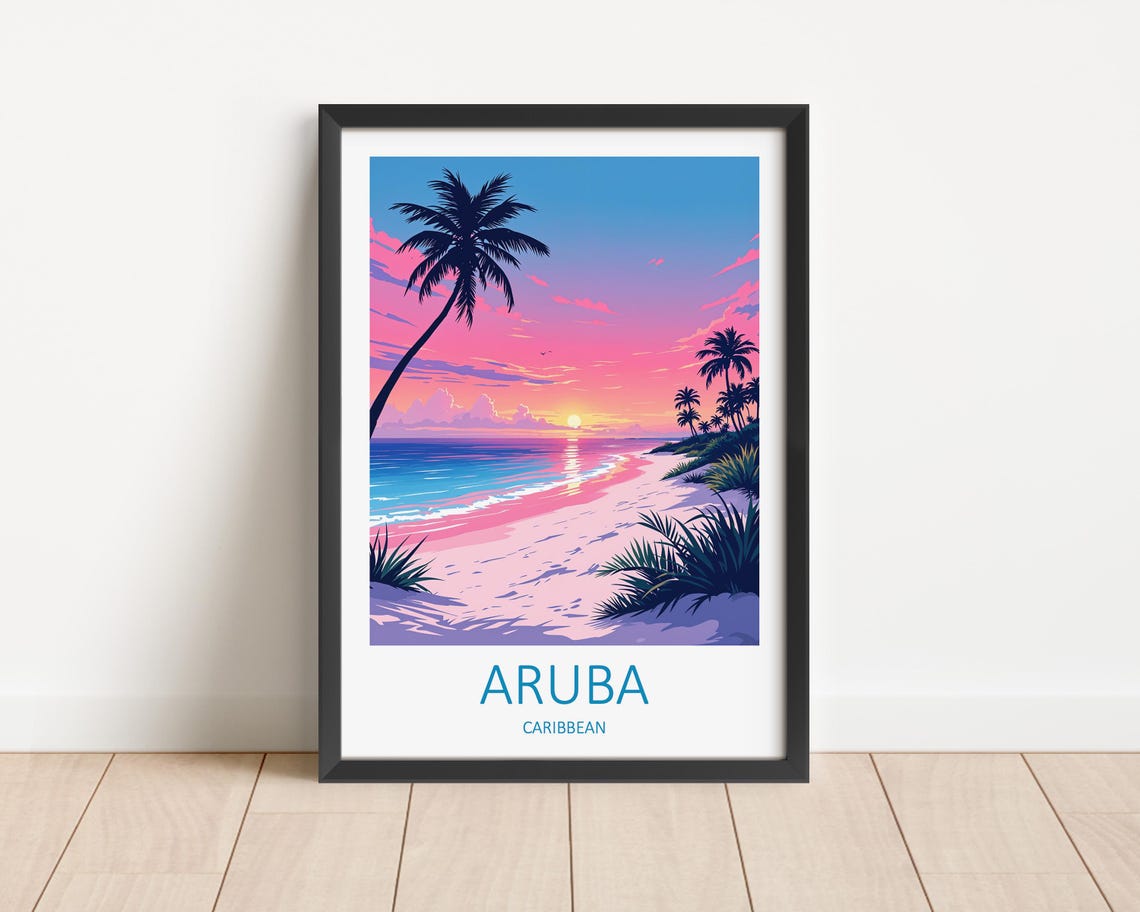 Aruba Caribbean Pink Sunset Beach With Palm Silhouettes Poster
