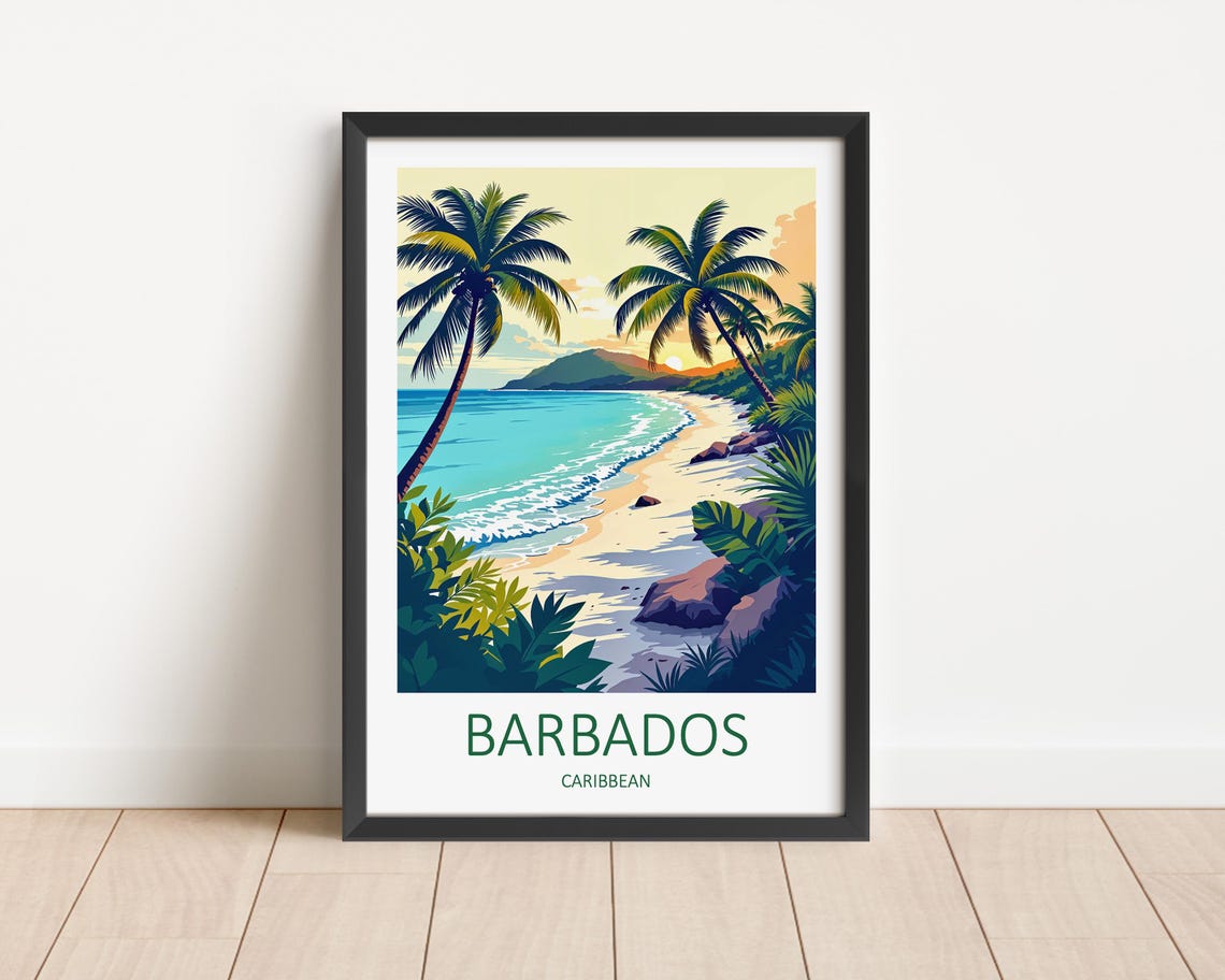 Barbados Caribbean Beach Sunset Palm Sailboat Paradise Shore Poster