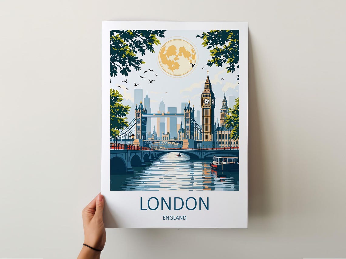 London England Tower Bridge Big Ben Moonlit Thames River Poster - Image 5