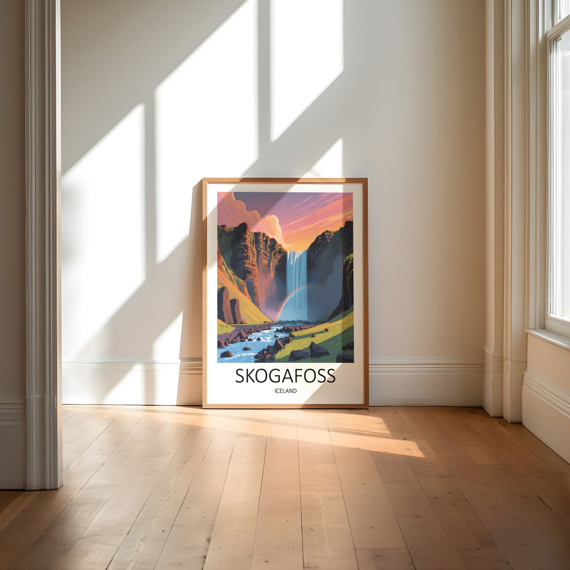 Skogafoss Iceland Waterfall Rainbow Canyon Sunset Scenic Travel Poster - Image 6