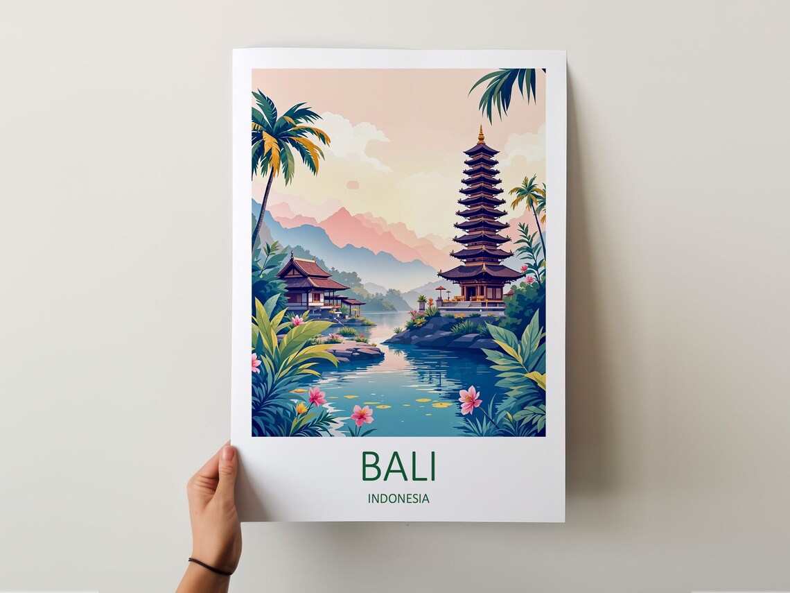 Bali Indonesia Lake Temple Pagoda Tropical Palms Garden Poster - Image 5