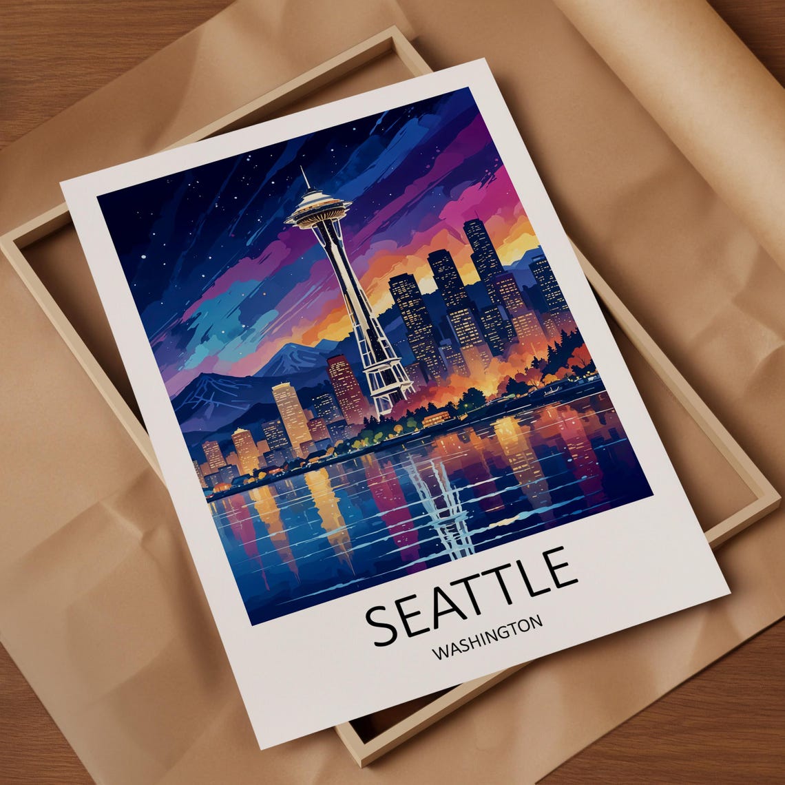 Seattle Washington Space Needle Skyline Night Lights Reflection Poster - Image 4