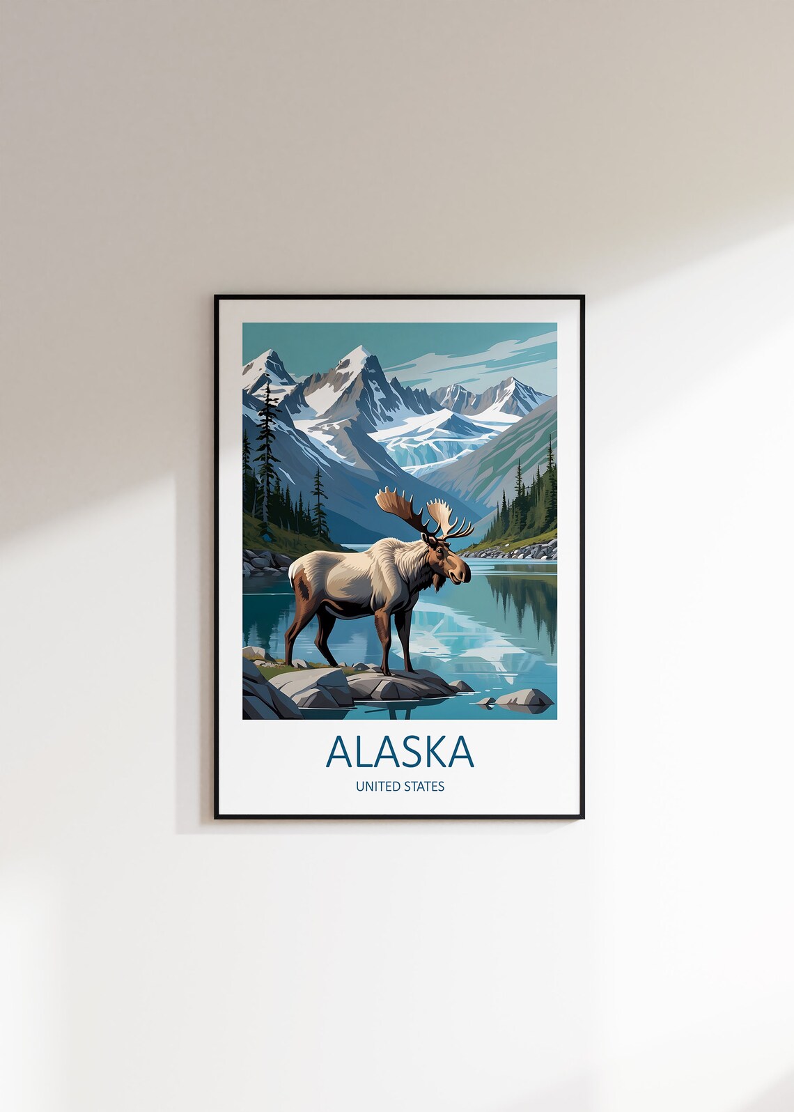 Alaska Moose Glacial Lake Snowy Peaks Wildlife Travel Poster - Image 3