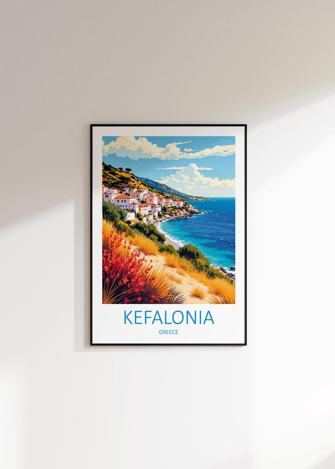 Kefalonia Greece Hillside Village Sparkling Blue Bay Travel Poster - Image 2