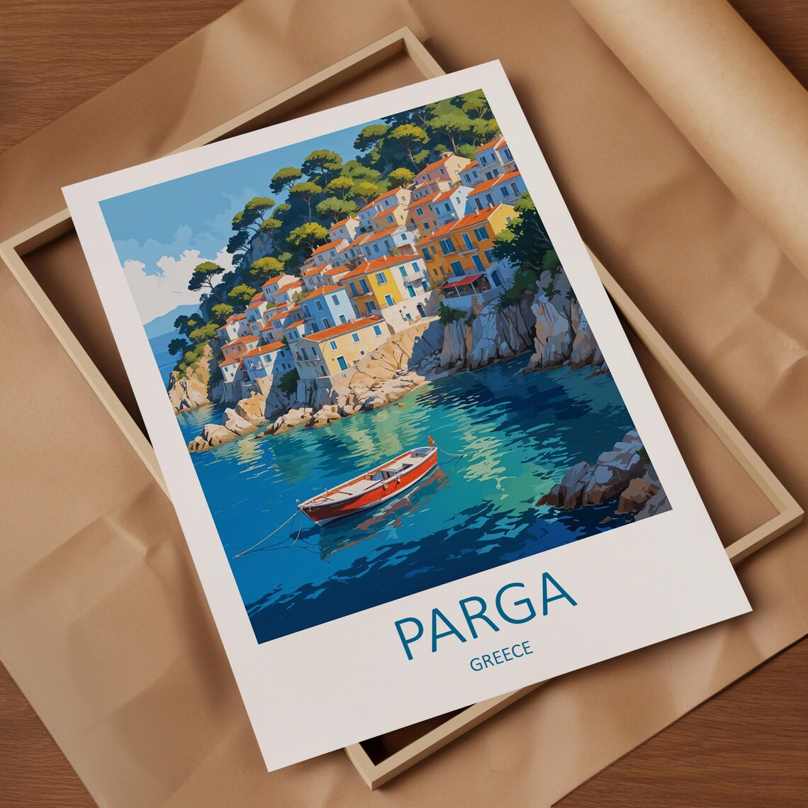 Parga Greece Hillside Bay Village Harbor Boat Vintage Travel Poster - Image 4