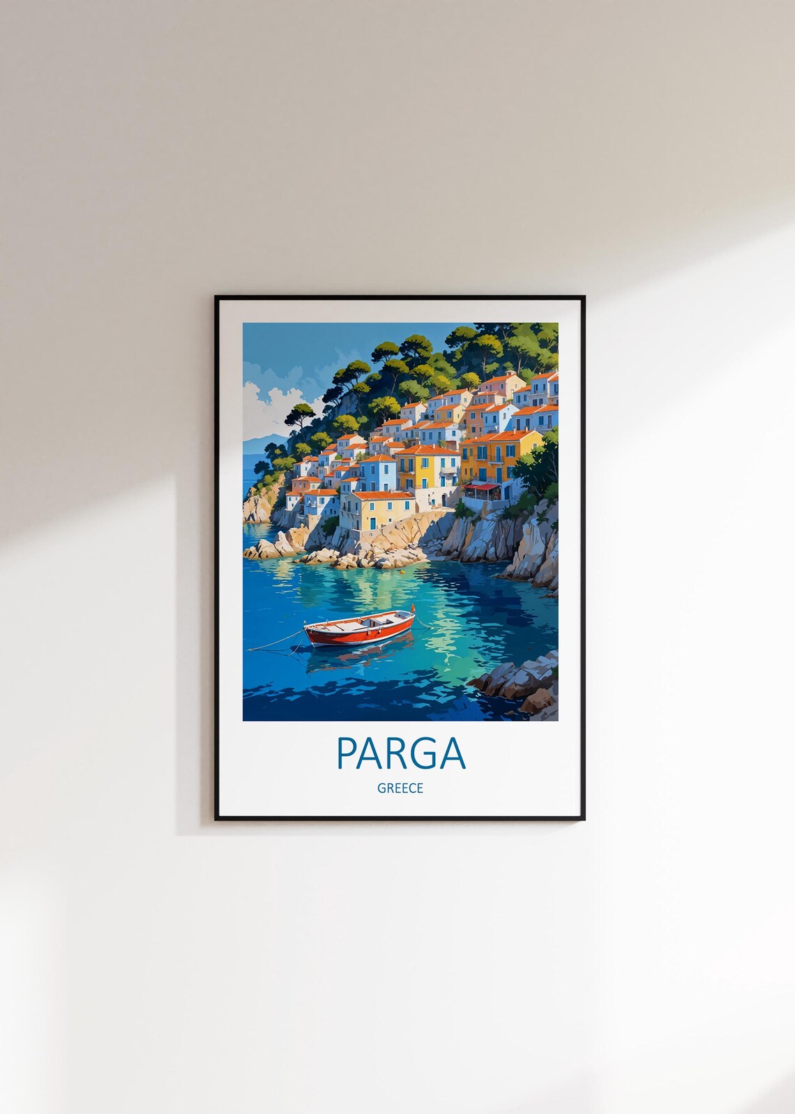 Parga Greece Hillside Bay Village Harbor Boat Vintage Travel Poster - Image 2