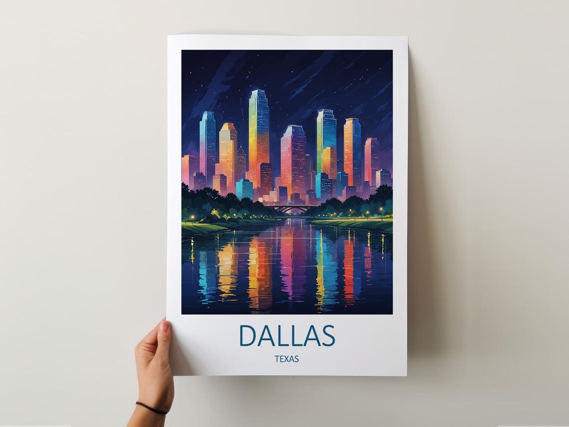 Dallas Texas Night Skyline With Bright Colorful City Lights Poster - Image 5