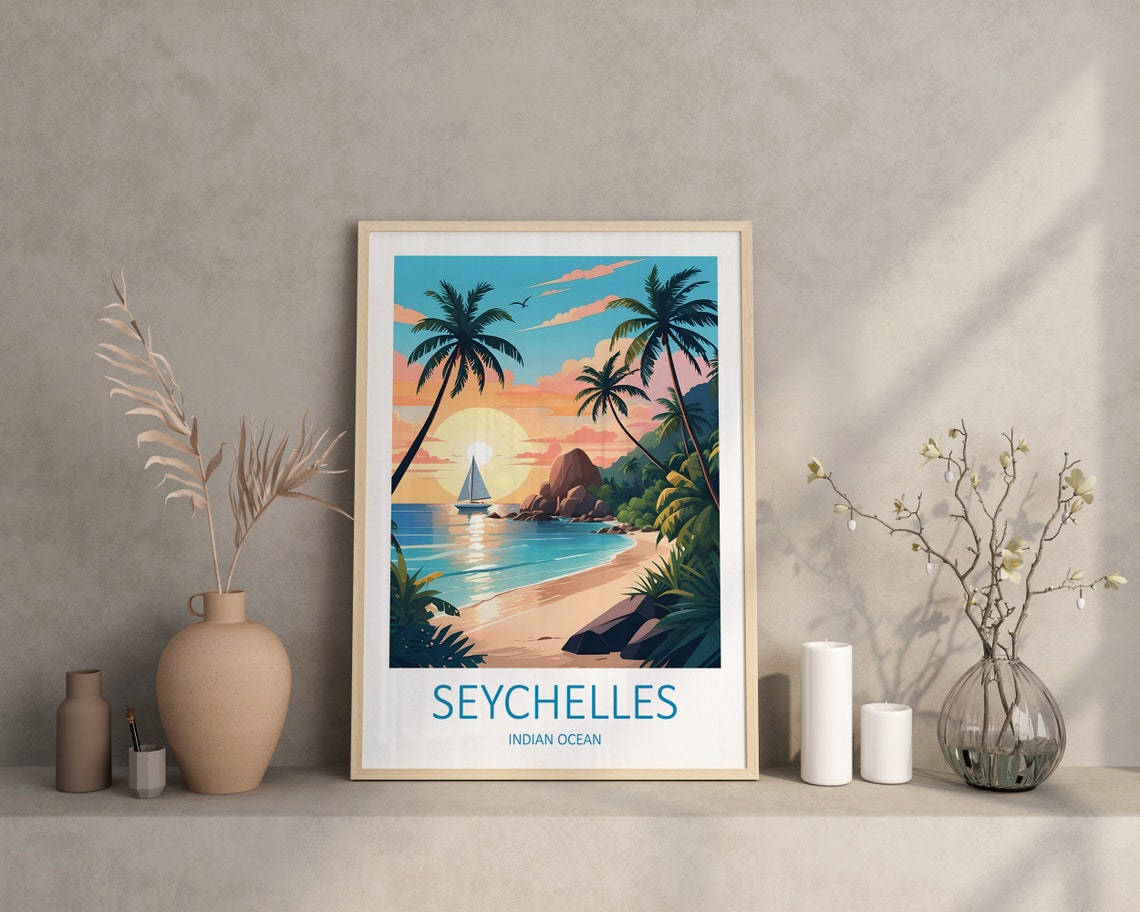 Seychelles Indian Ocean Sunset Beach Sailboat Palms View Poster - Image 4