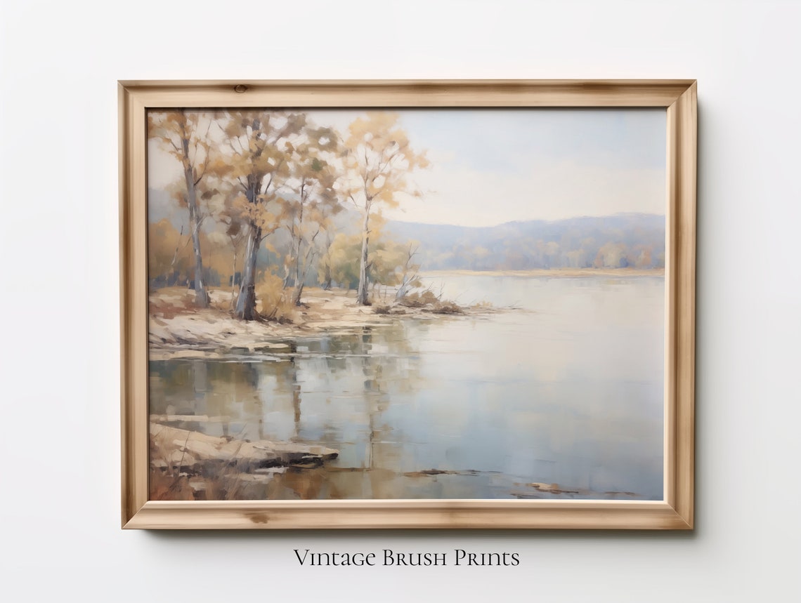 Muted Green Vintage Lake Painting Peaceful Landscape Art Poster