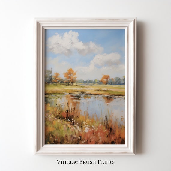 Vintage Autumn Landscape Painting Rustic Cottage Print