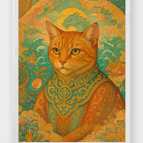 Regal Orange Tabby Cat In Golden Ornate Robe Dragon Moon Art Print