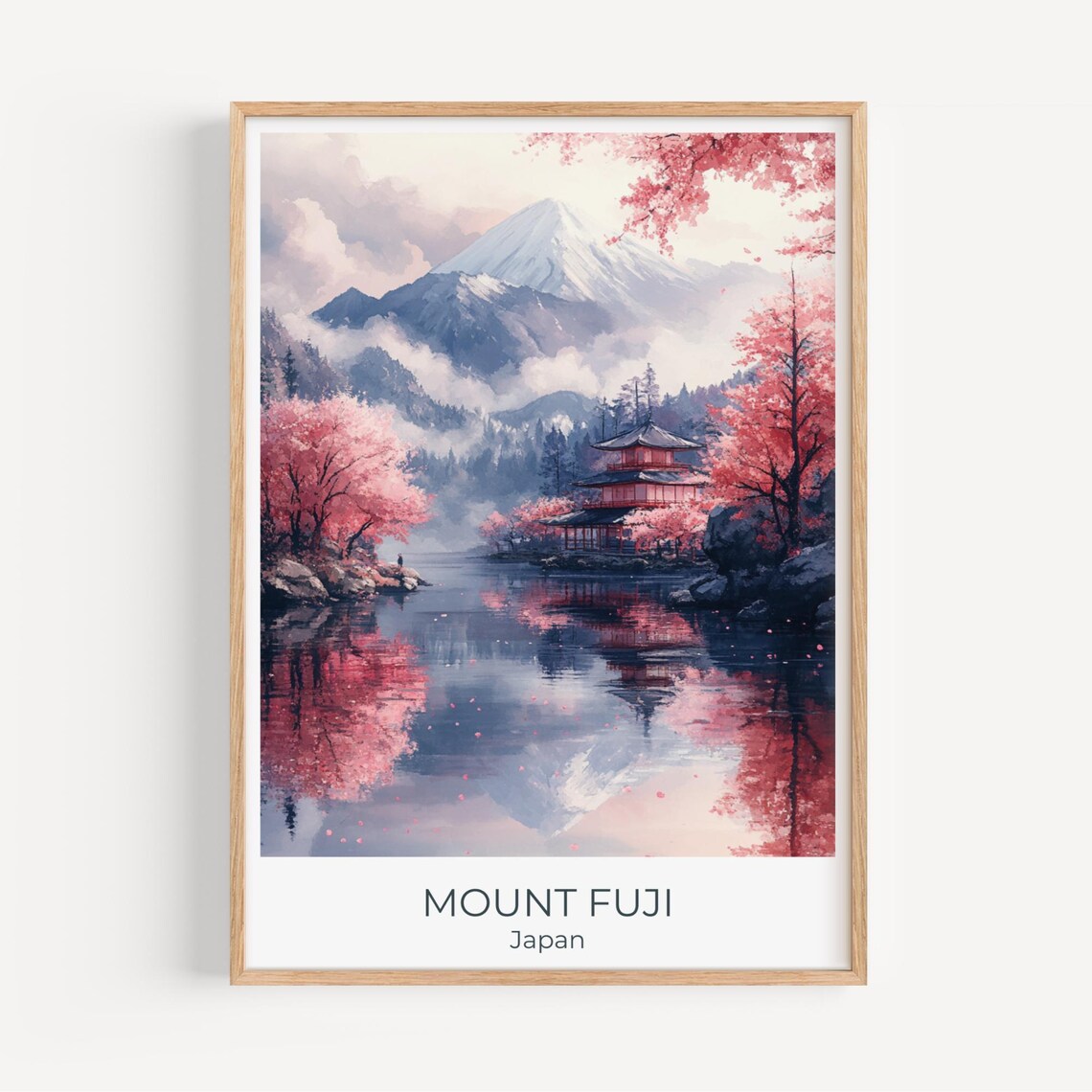 Mount Fuji Japan Travel Poster Cherry Blossom Temple Watercolor Art