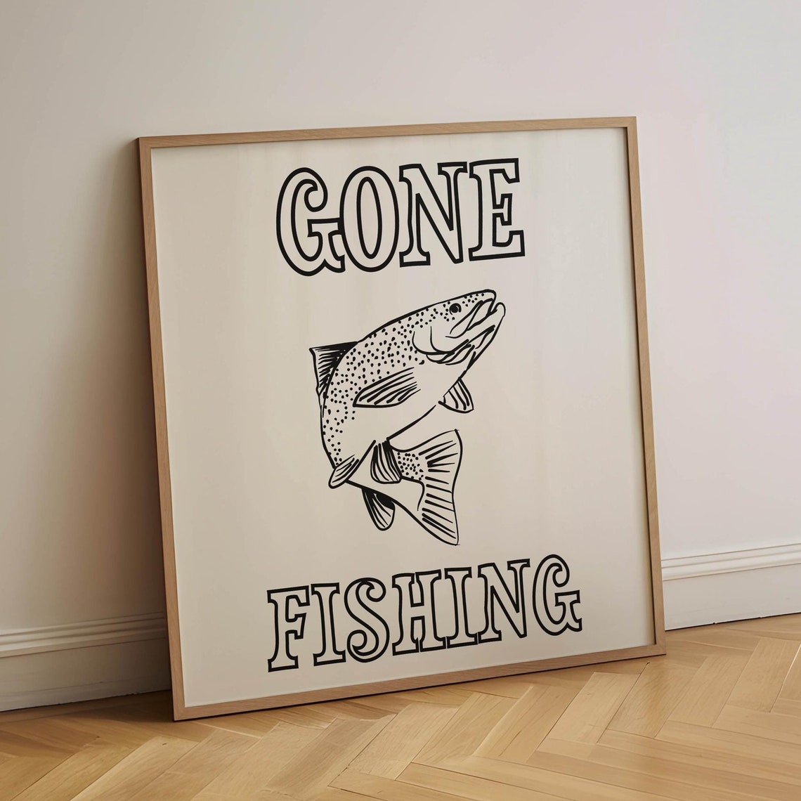 Gone Fishing Leaping Trout Line Art Black Minimalist Cabin Poster