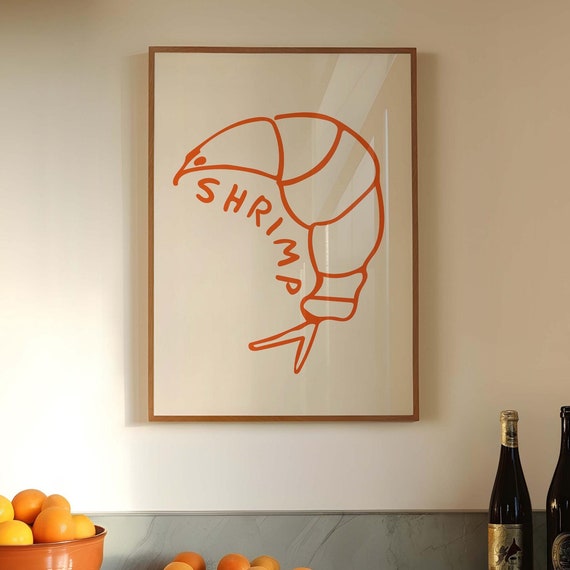 Minimalist Shrimp Art Print Retro Seafood Wall Decor Line Art Kitchen Poster Bold Orange Print Trendy Food Art Decor