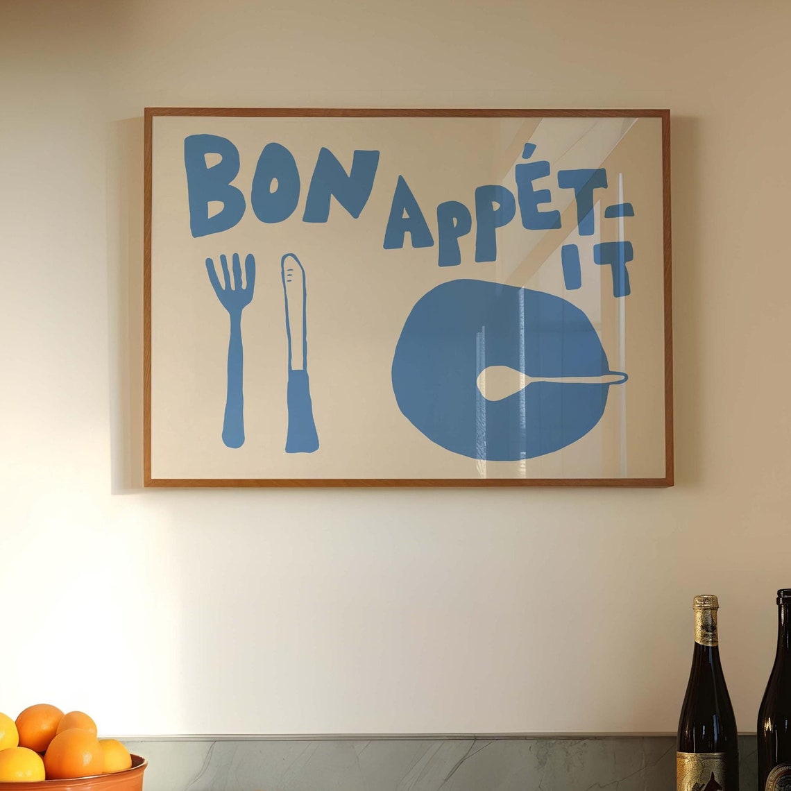 Bon Appetit Blue Kitchen Doodle Fork Knife Plate Fun Foodie Poster