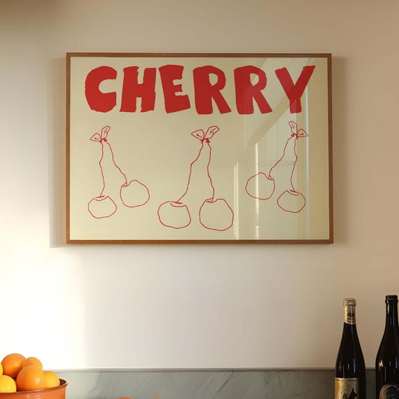 Cherry Wall Art Print Minimalist Red Kitchen Poster Retro Kitchen Art Modern Kitchen Decor Cherry Food Art Wall Art