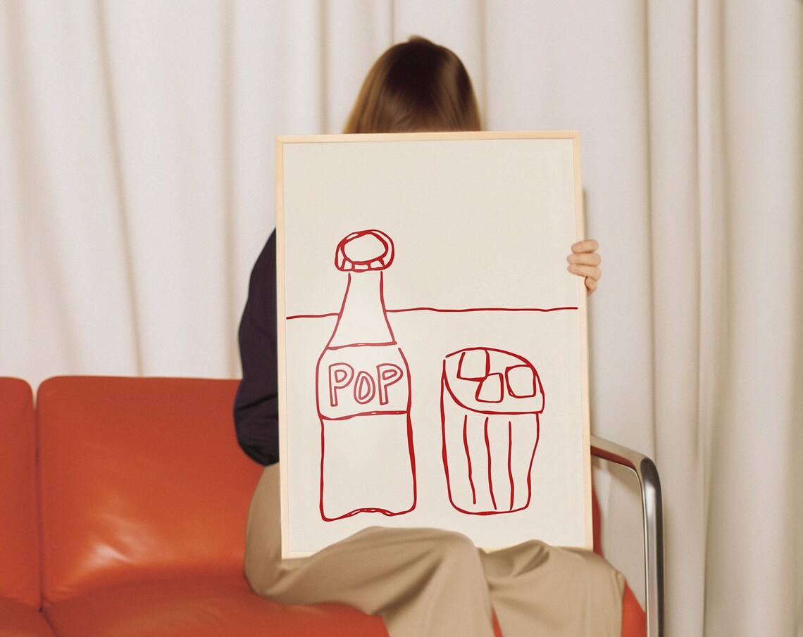 Retro Pop Soda Bottle Red Hand Drawn Line Art Bar Wall Poster - Image 5